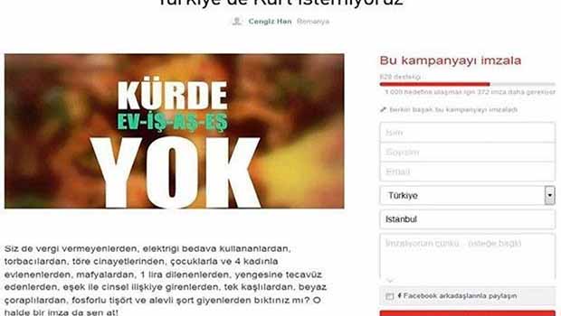 Change.org'da ırkçı kampanya: Türkiye'de Kürt istemiyoruz